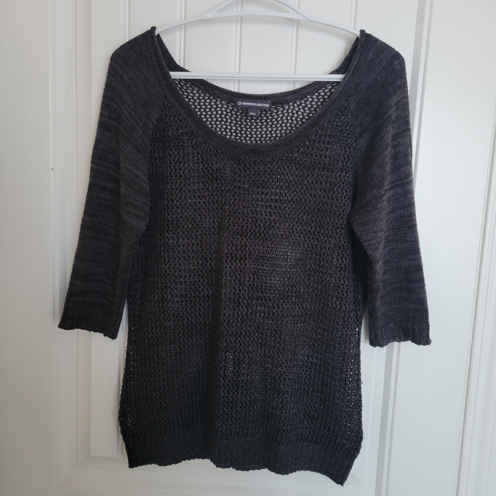 Warehouse One Charcoal Grey Open-Knit Pullover Sweater